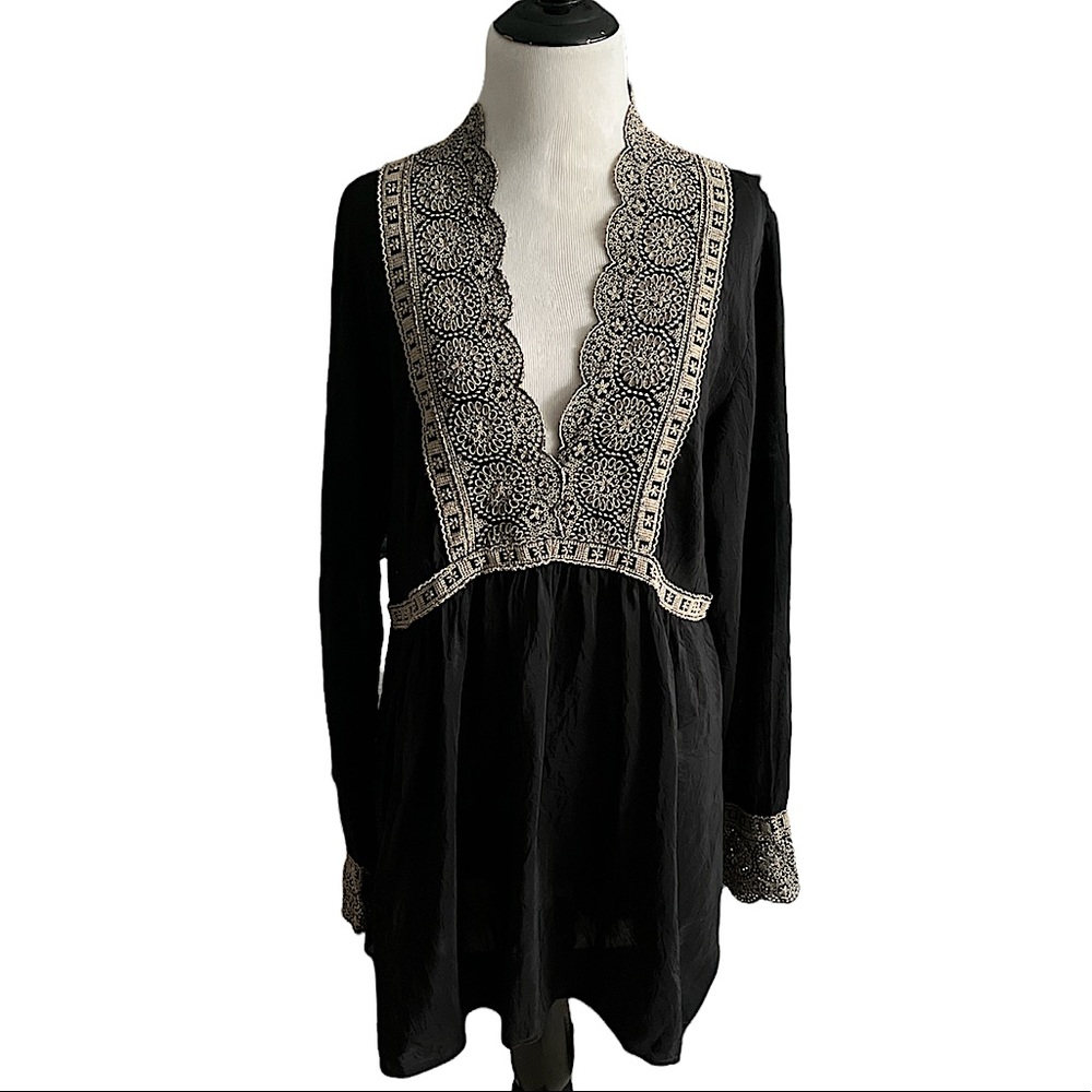 JOHNNY WAS rare black tunic top/dress tan-gold embroidery size large